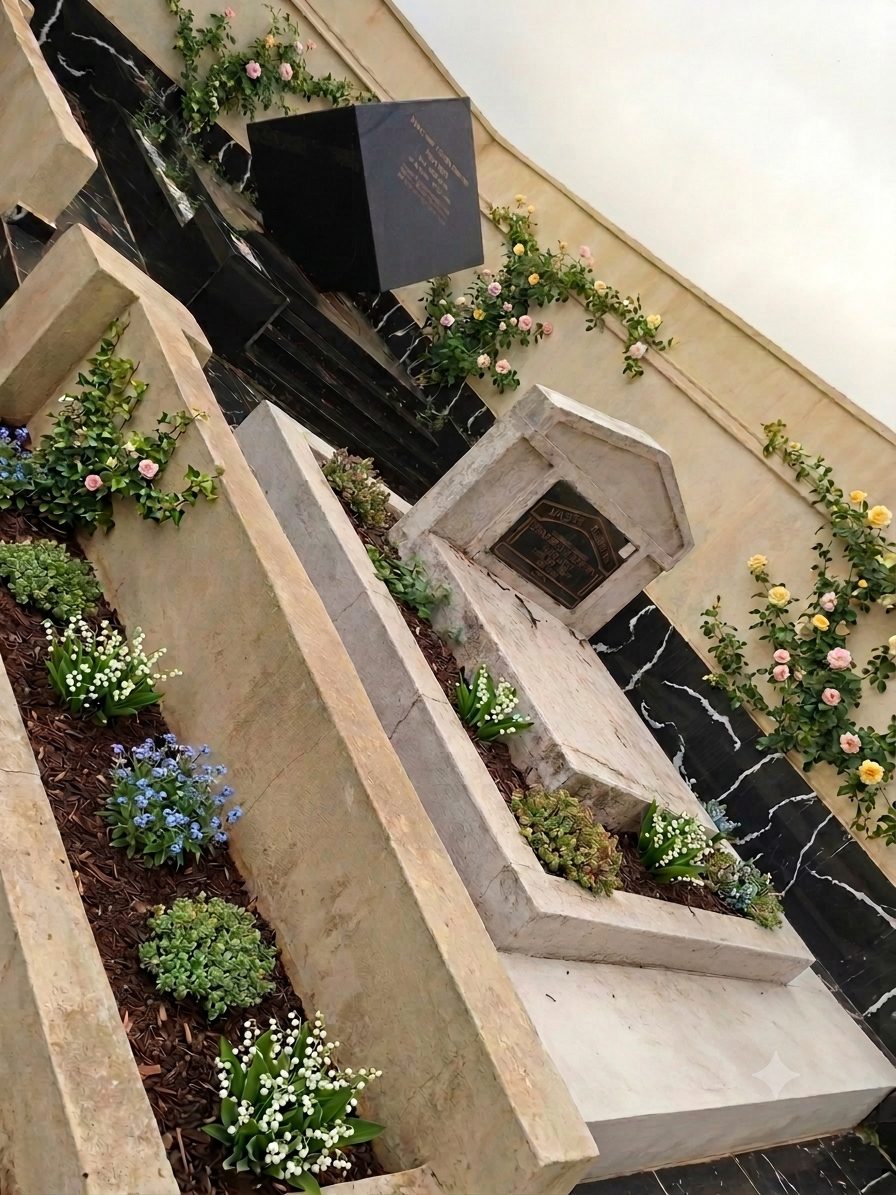 Marble memorial with climbing roses