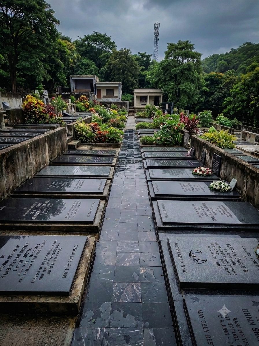 Rows of granite grave markers along a paved walkway